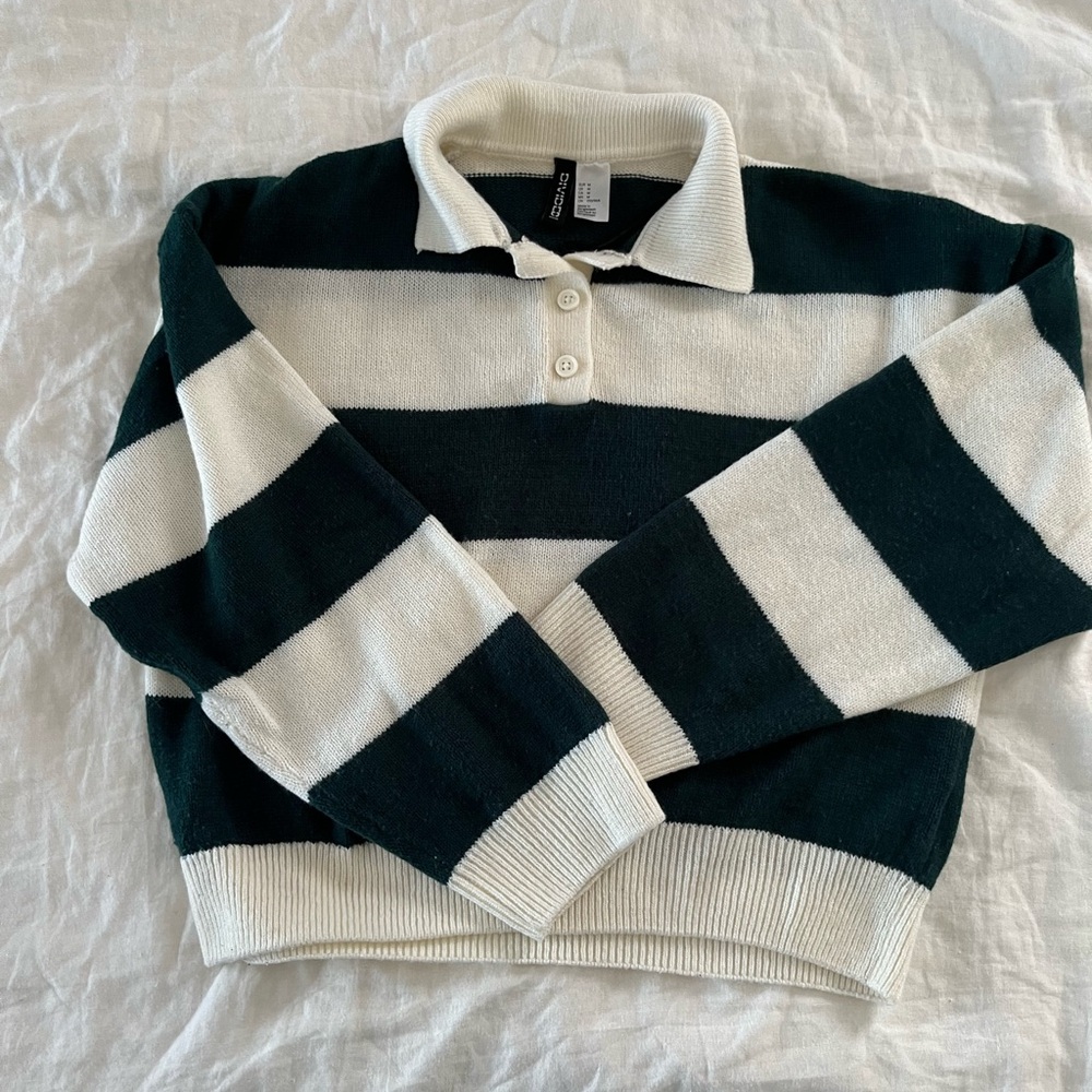 Green and White Striped collared cropped sweater top